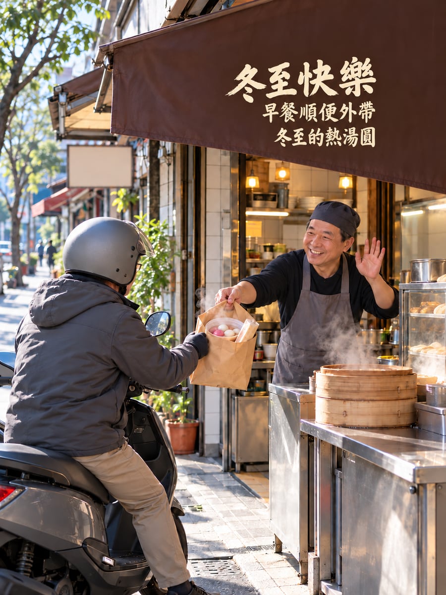 機車騎士外帶熱湯圓。圖中文字：冬至快樂，早餐順便外帶，冬至的熱湯圓