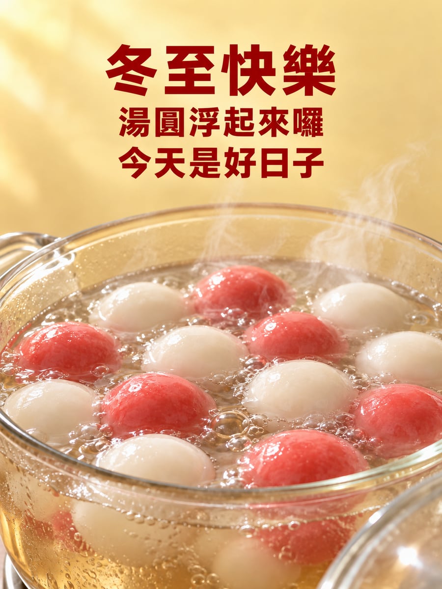 陽光照著滾動的湯圓。圖中文字：冬至快樂，湯圓浮起來囉，今天是好日子