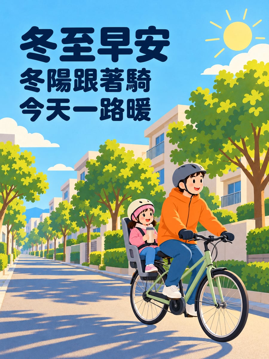 爸爸腳踏車載女兒。圖中文字：冬至早安，冬陽跟著騎，今天一路暖