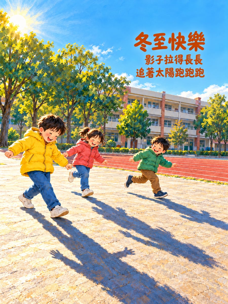 孩子們追著影子跑。圖中文字：冬至快樂，影子拉得長長，追著太陽跑跑跑