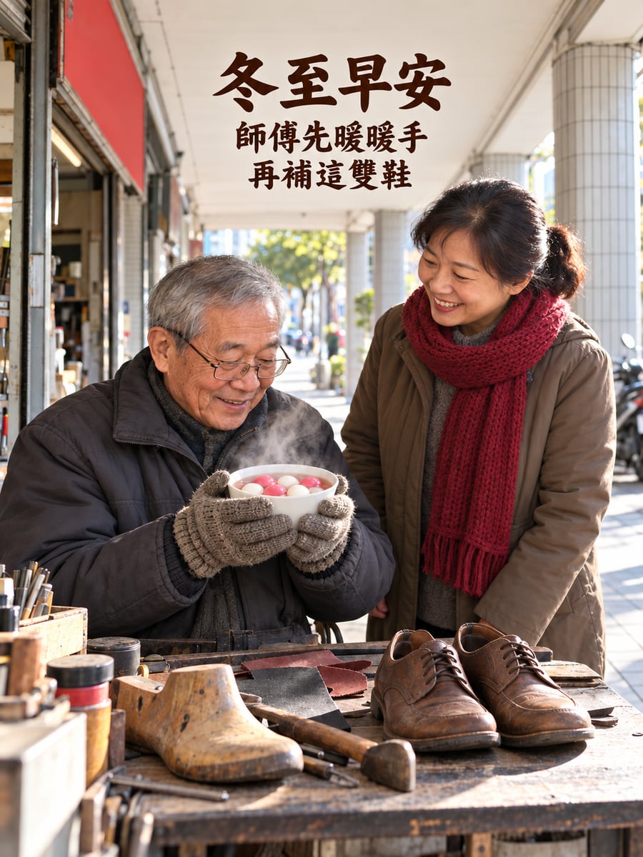 修鞋攤老師傅的熱湯圓。圖中文字：冬至早安，師傅先暖暖手，再補這雙鞋