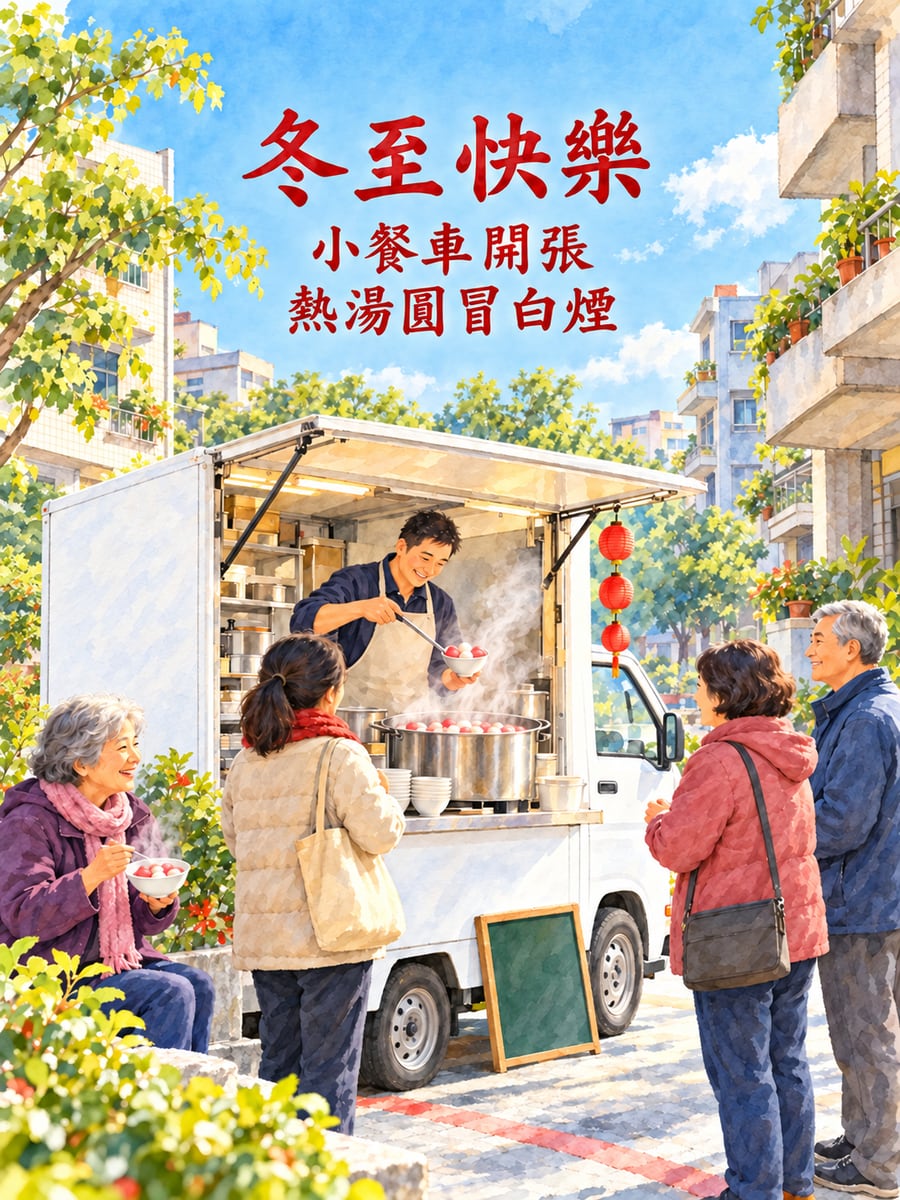 小餐車賣起熱湯圓。圖中文字：冬至快樂，小餐車開張，熱湯圓冒白煙