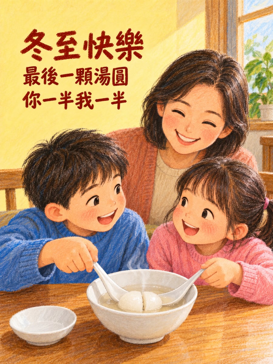 兄妹搶最後一顆。圖中文字：冬至快樂，最後一顆湯圓，你一半我一半