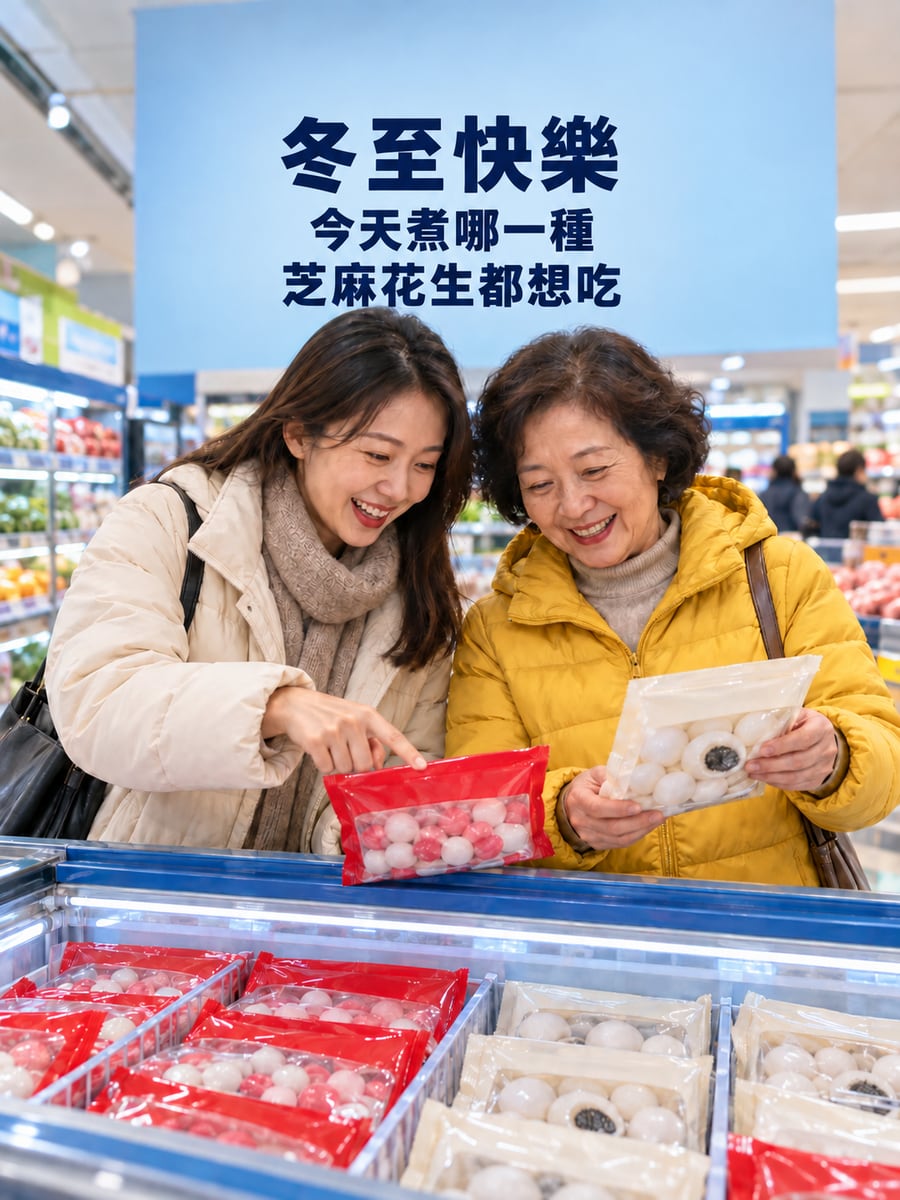 冷凍櫃前挑湯圓。圖中文字：冬至快樂，今天煮哪一種，芝麻花生都想吃