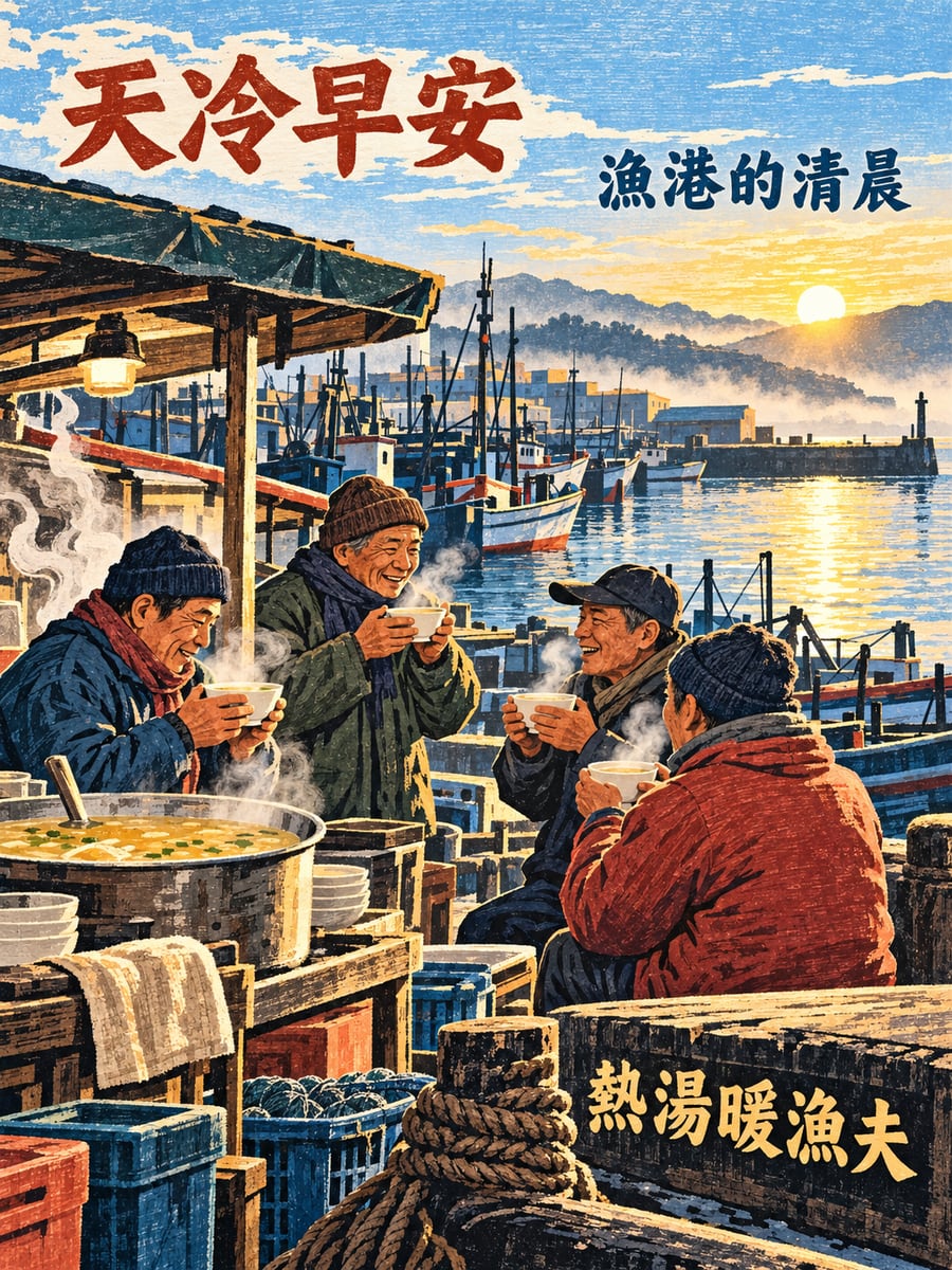 漁港的熱湯。圖中文字：天冷早安，漁港的清晨，熱湯暖漁夫