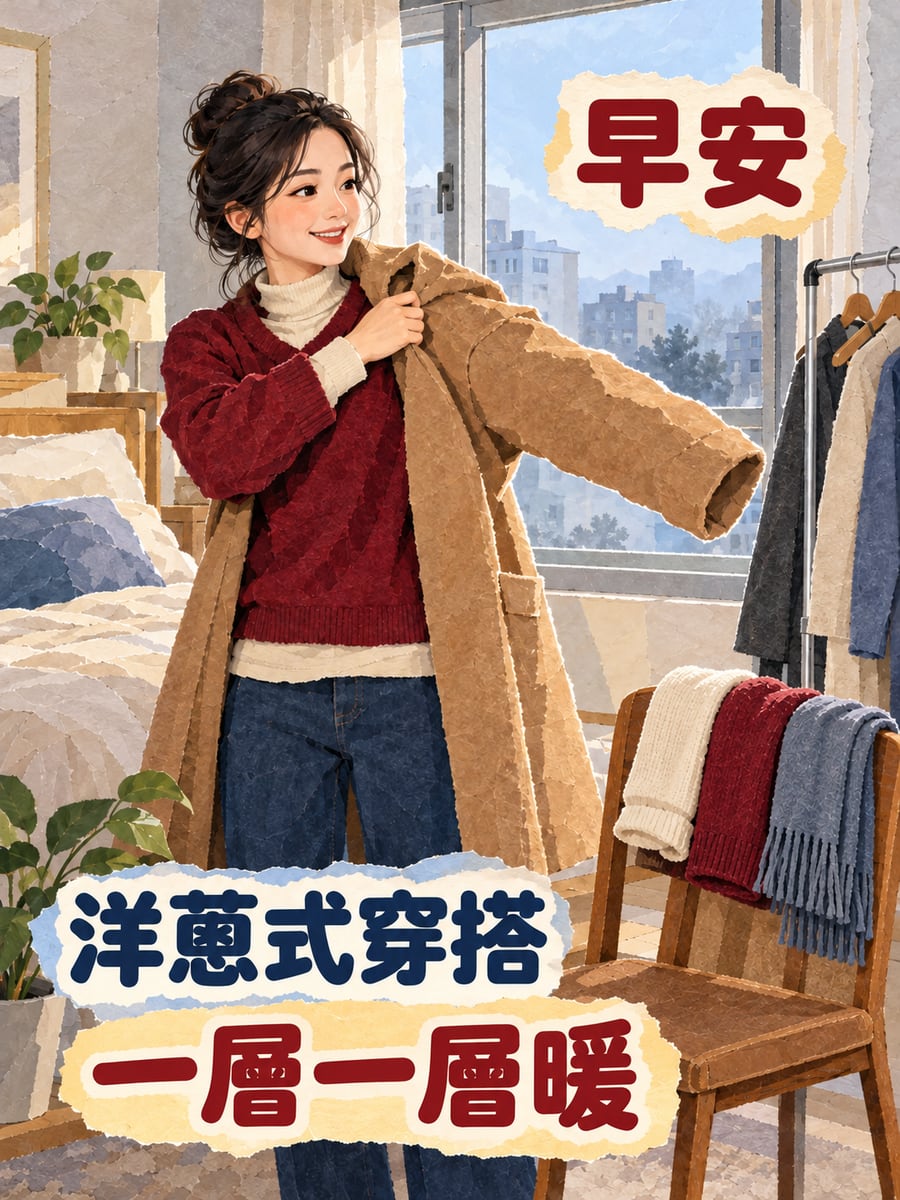 洋蔥式穿搭。圖中文字：早安，洋蔥式穿搭，一層一層暖