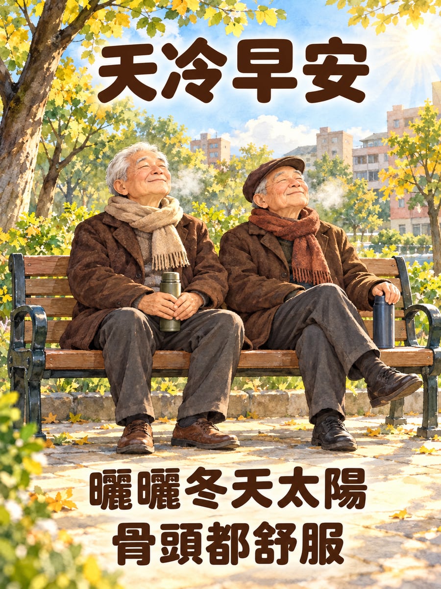 長椅上曬太陽。圖中文字：天冷早安，曬曬冬天太陽，骨頭都舒服