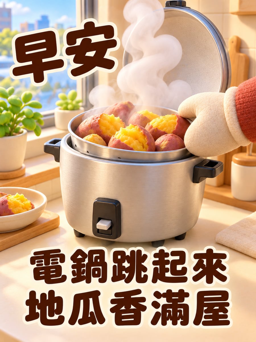電鍋蒸地瓜。圖中文字：早安，電鍋跳起來，地瓜香滿屋