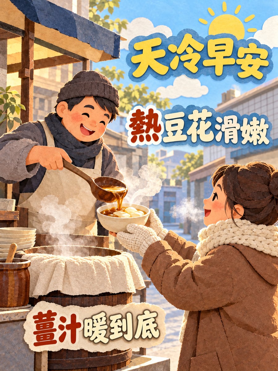 熱豆花。圖中文字：天冷早安，熱豆花滑嫩，薑汁暖到底