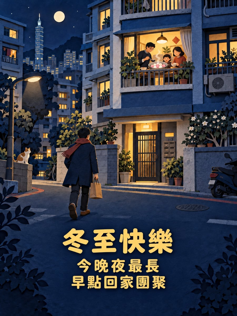 今晚夜最長。圖中文字：冬至快樂，今晚夜最長，早點回家團聚