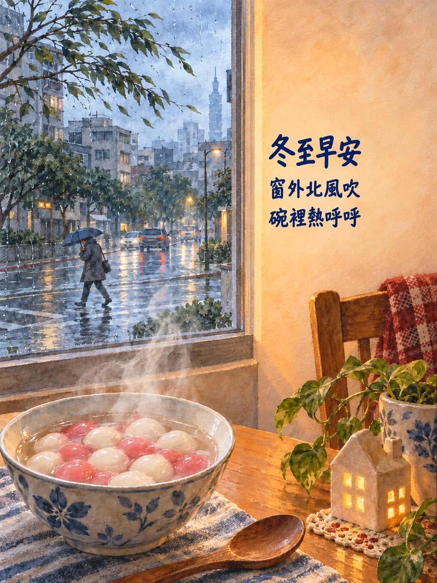窗外北風吹。圖中文字：冬至早安，窗外北風吹，碗裡熱呼呼