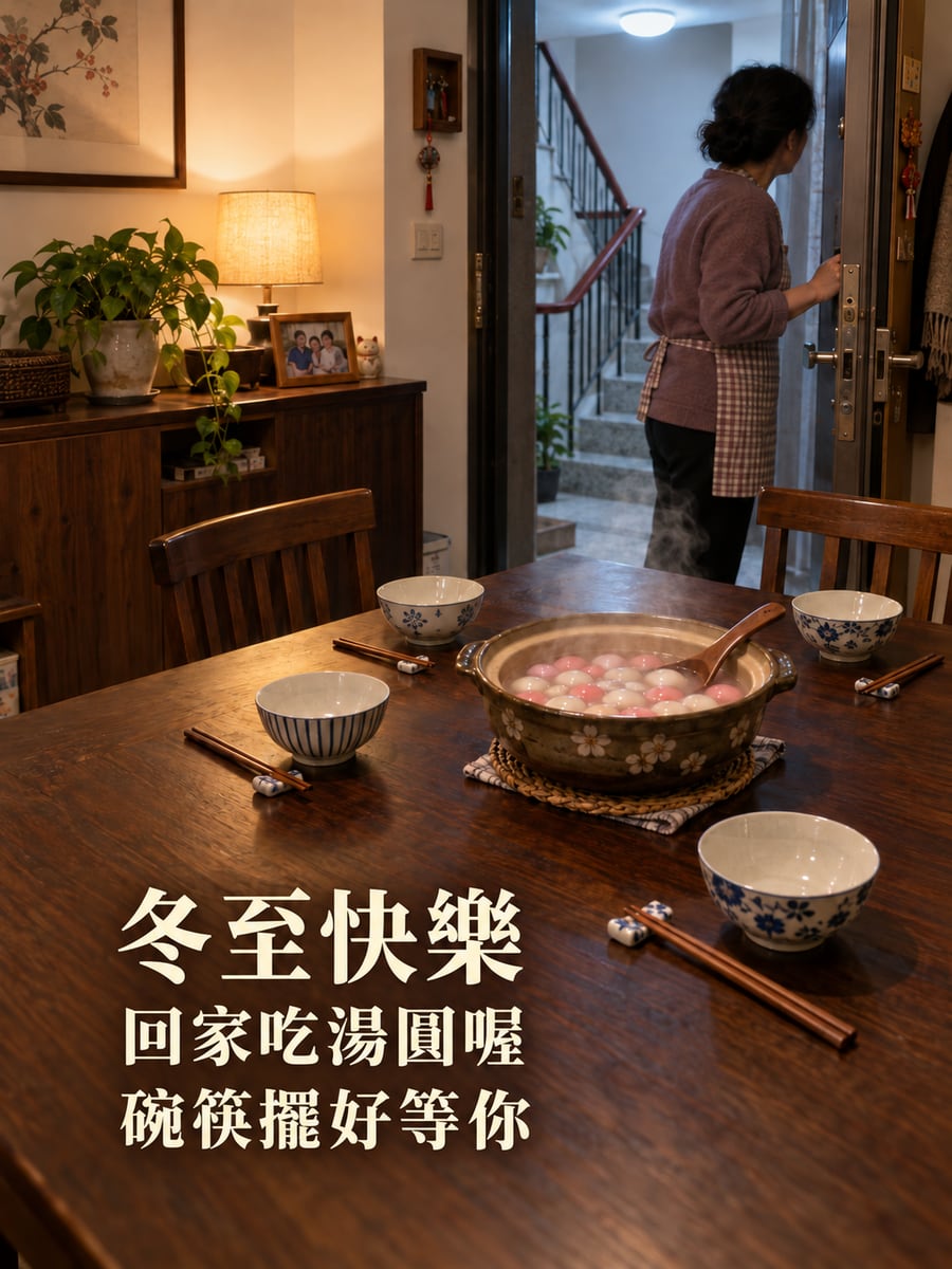 回家吃湯圓喔。圖中文字：冬至快樂，回家吃湯圓喔，碗筷擺好等你