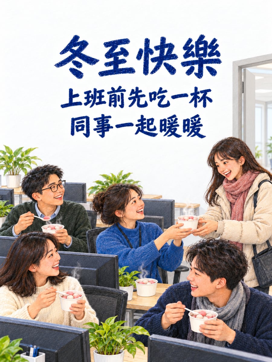 辦公桌上的湯圓杯。圖中文字：冬至快樂，上班前先吃一杯，同事一起暖暖