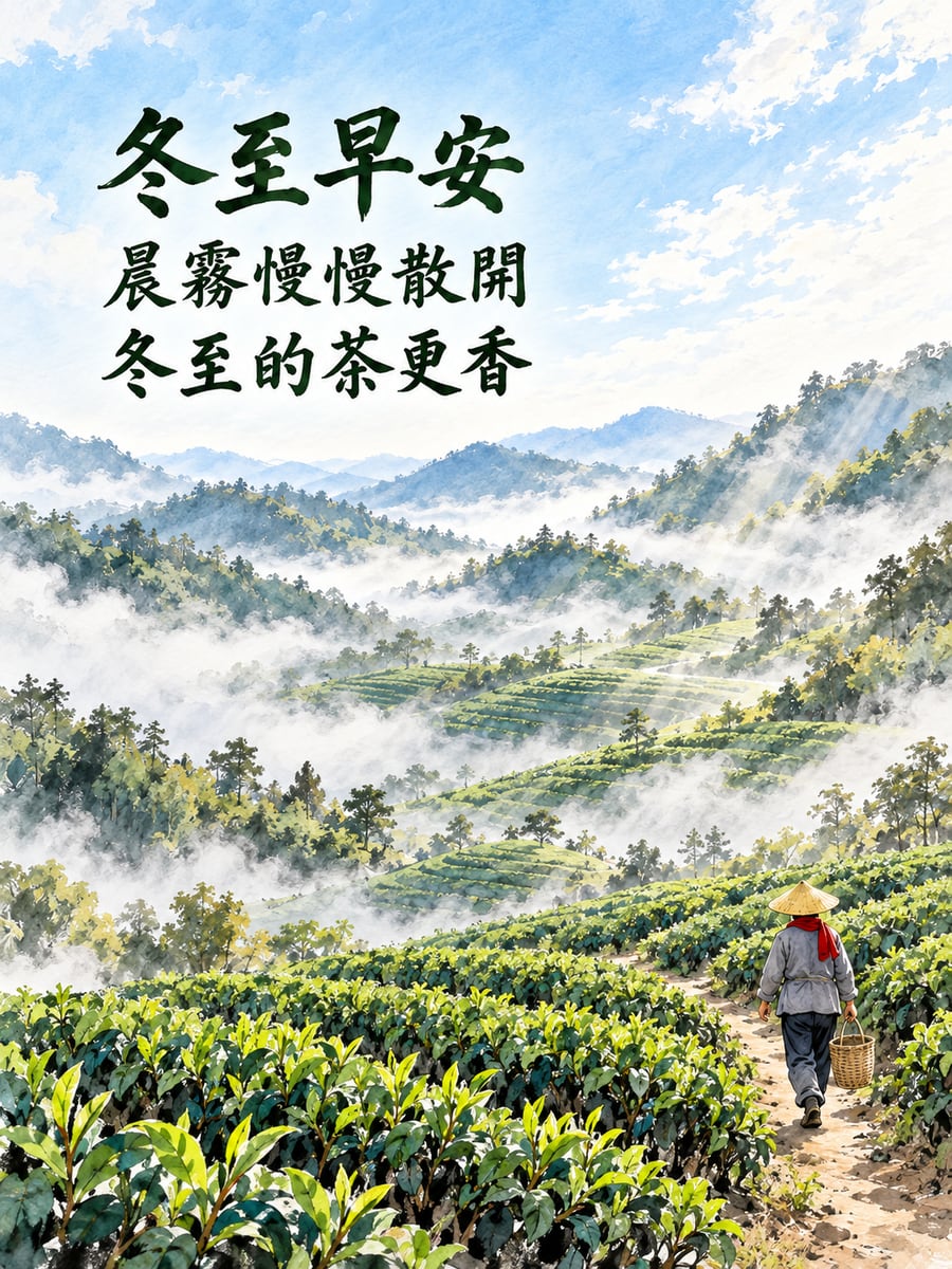 茶園晨霧裡的採茶人。圖中文字：冬至早安，晨霧慢慢散開，冬至的茶更香
