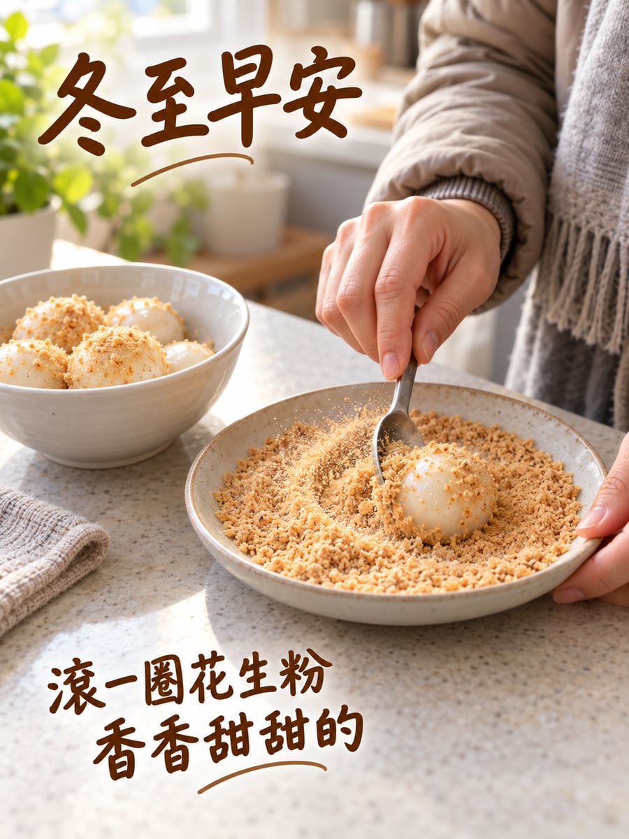 花生粉湯圓。圖中文字：冬至早安，滾一圈花生粉，香香甜甜的