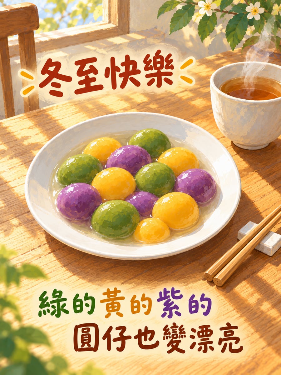 彩色湯圓。圖中文字：冬至快樂，綠的黃的紫的，圓仔也變漂亮