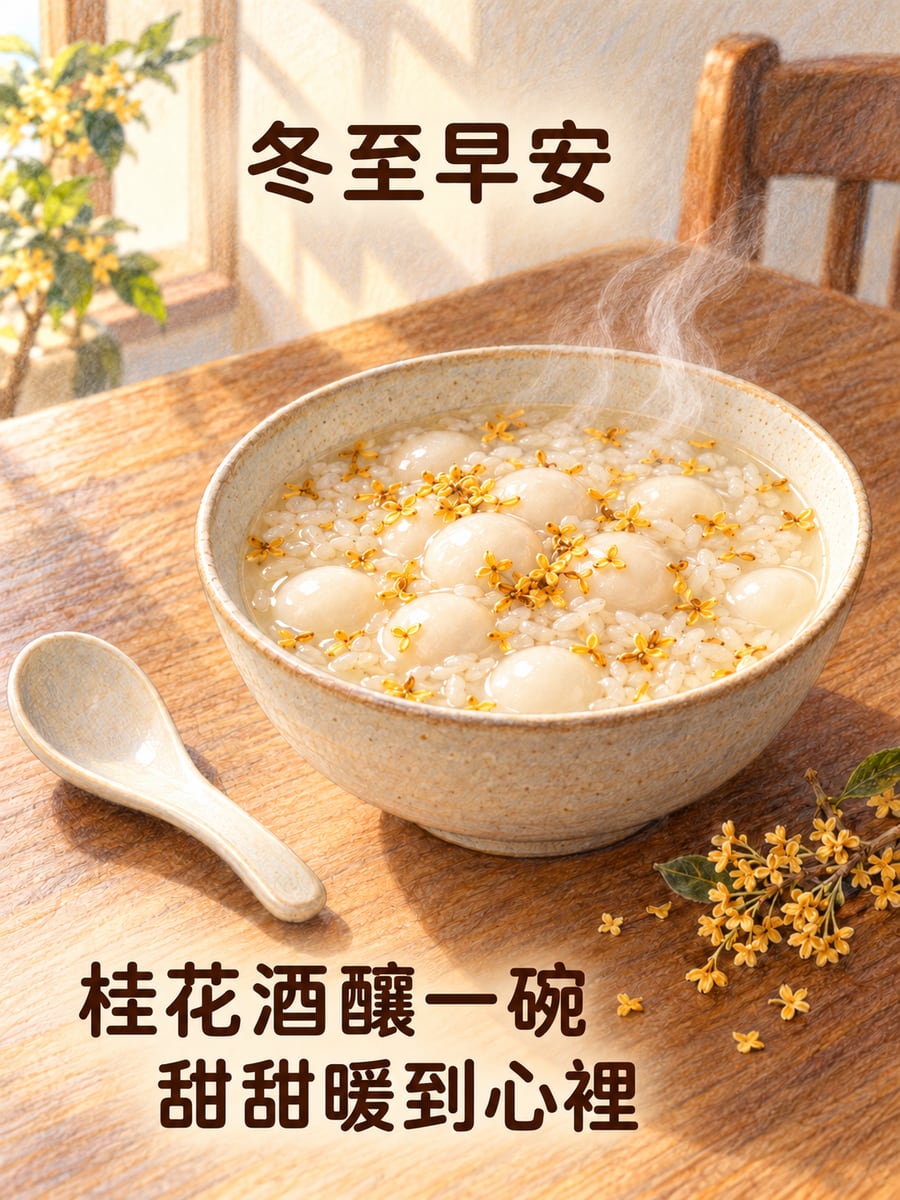桂花酒釀湯圓。圖中文字：冬至早安，桂花酒釀一碗，甜甜暖到心裡