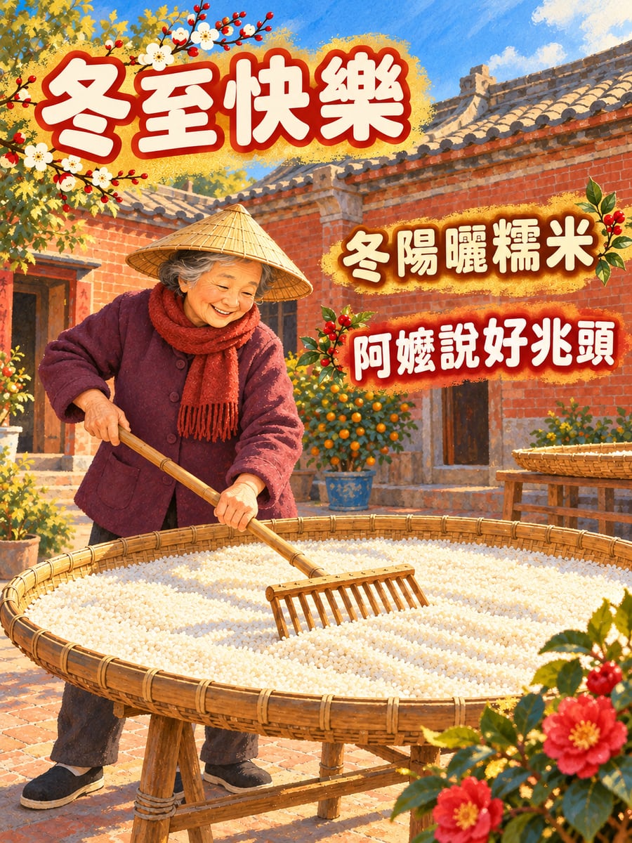 稻埕曬糯米。圖中文字：冬至快樂，冬陽曬糯米，阿嬤說好兆頭