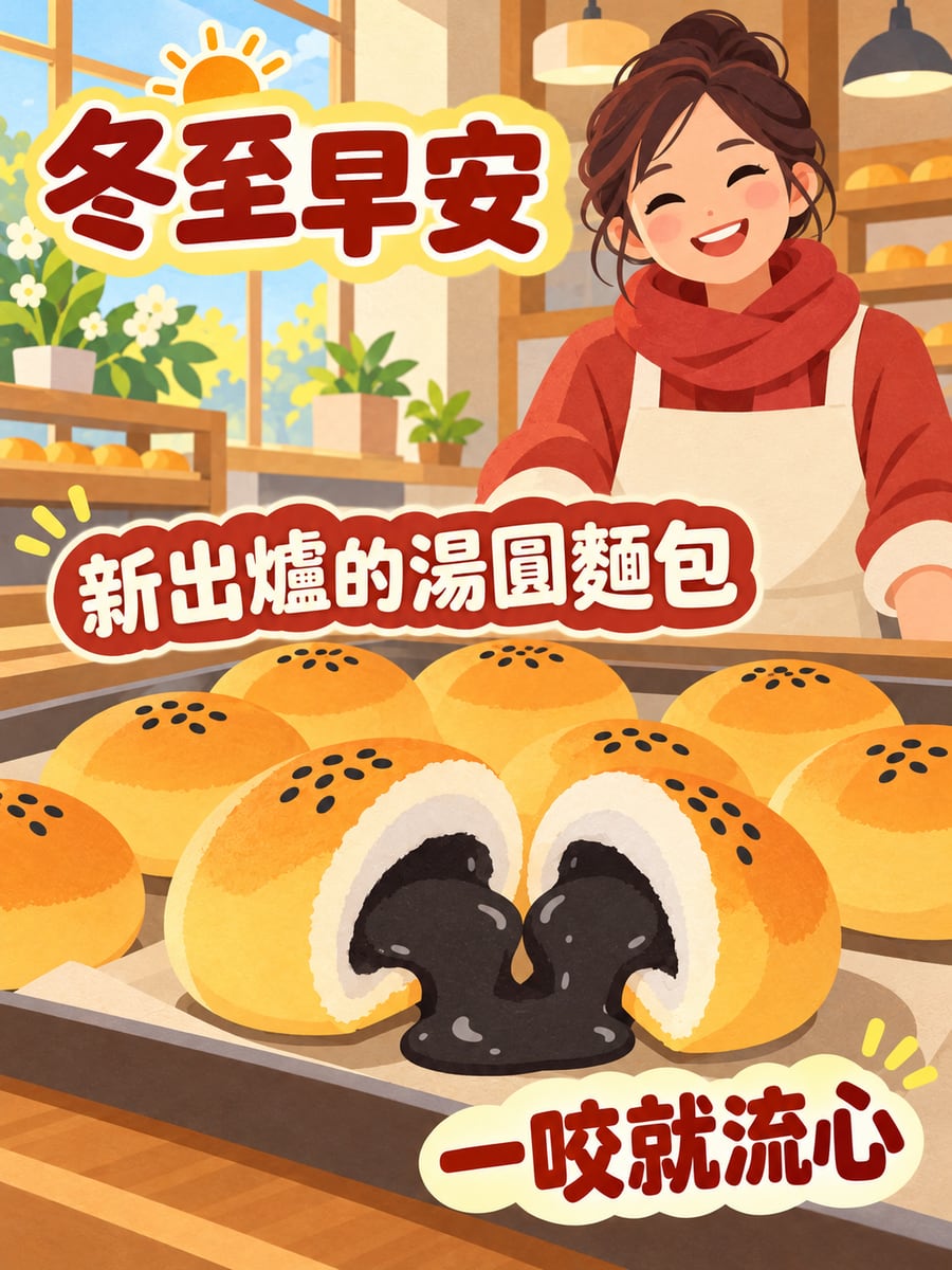 湯圓麵包。圖中文字：冬至早安，新出爐的湯圓麵包，一咬就流心