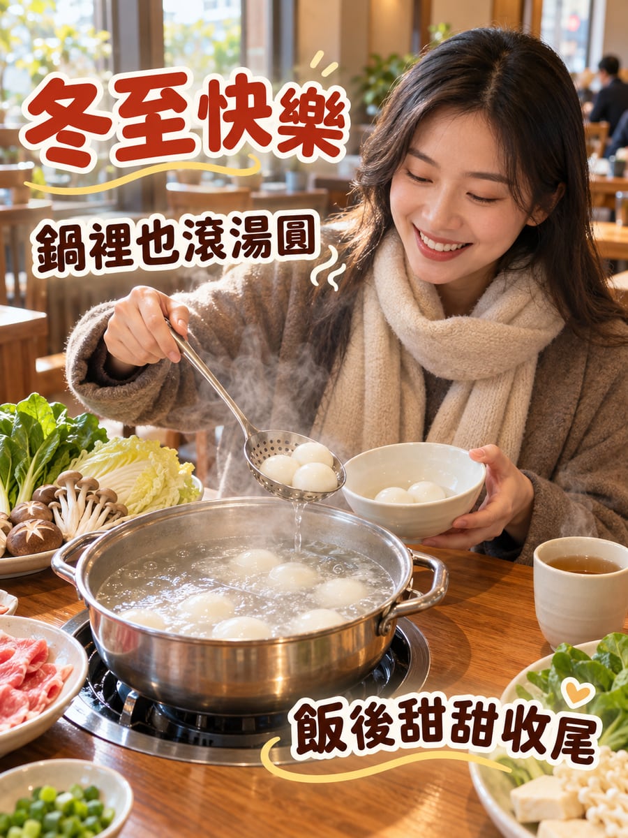 火鍋裡的湯圓。圖中文字：冬至快樂，鍋裡也滾湯圓，飯後甜甜收尾