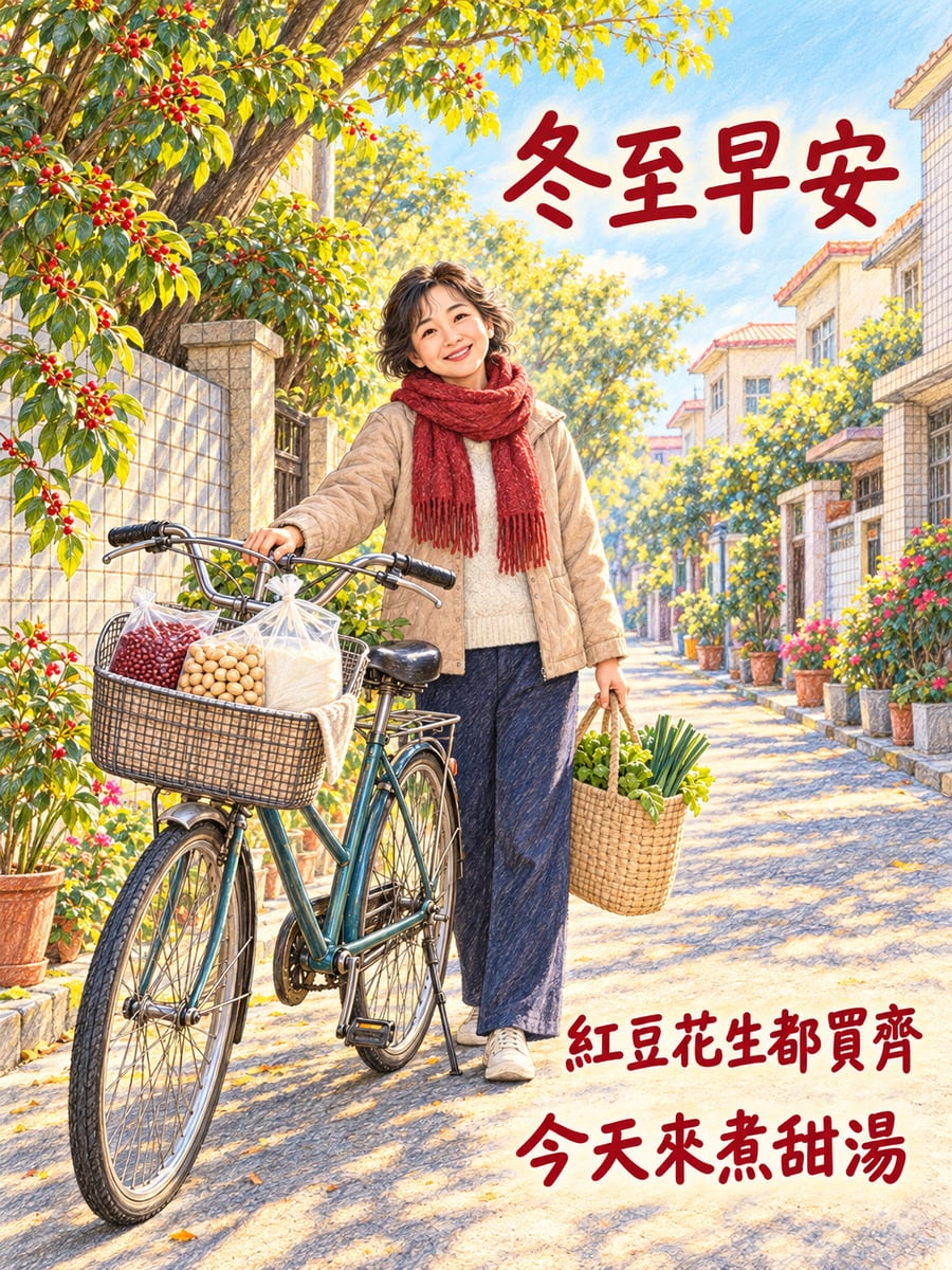 腳踏車籃的材料。圖中文字：冬至早安，紅豆花生都買齊，今天來煮甜湯