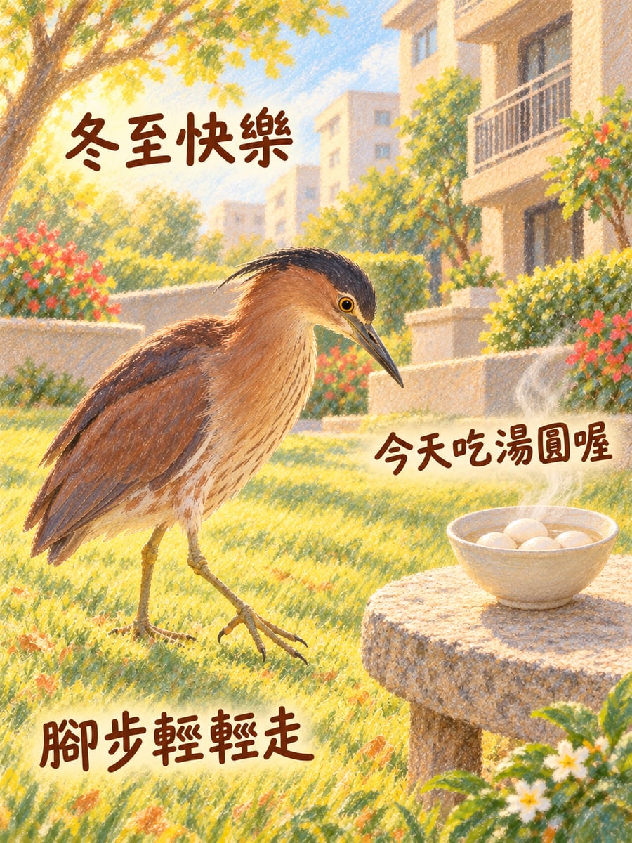 麻鷺散步。圖中文字：冬至快樂，今天吃湯圓喔，腳步輕輕走