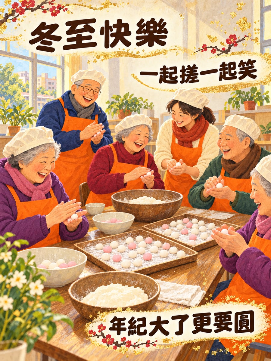 長輩班搓湯圓。圖中文字：冬至快樂，一起搓一起笑，年紀大了更要圓