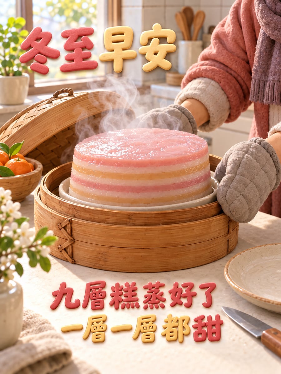 蒸籠裡的九層糕。圖中文字：冬至早安，九層糕蒸好了，一層一層都甜