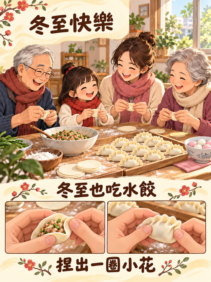 包水餃的一家人。圖中文字：冬至快樂，冬至也吃水餃，捏出一圈小花