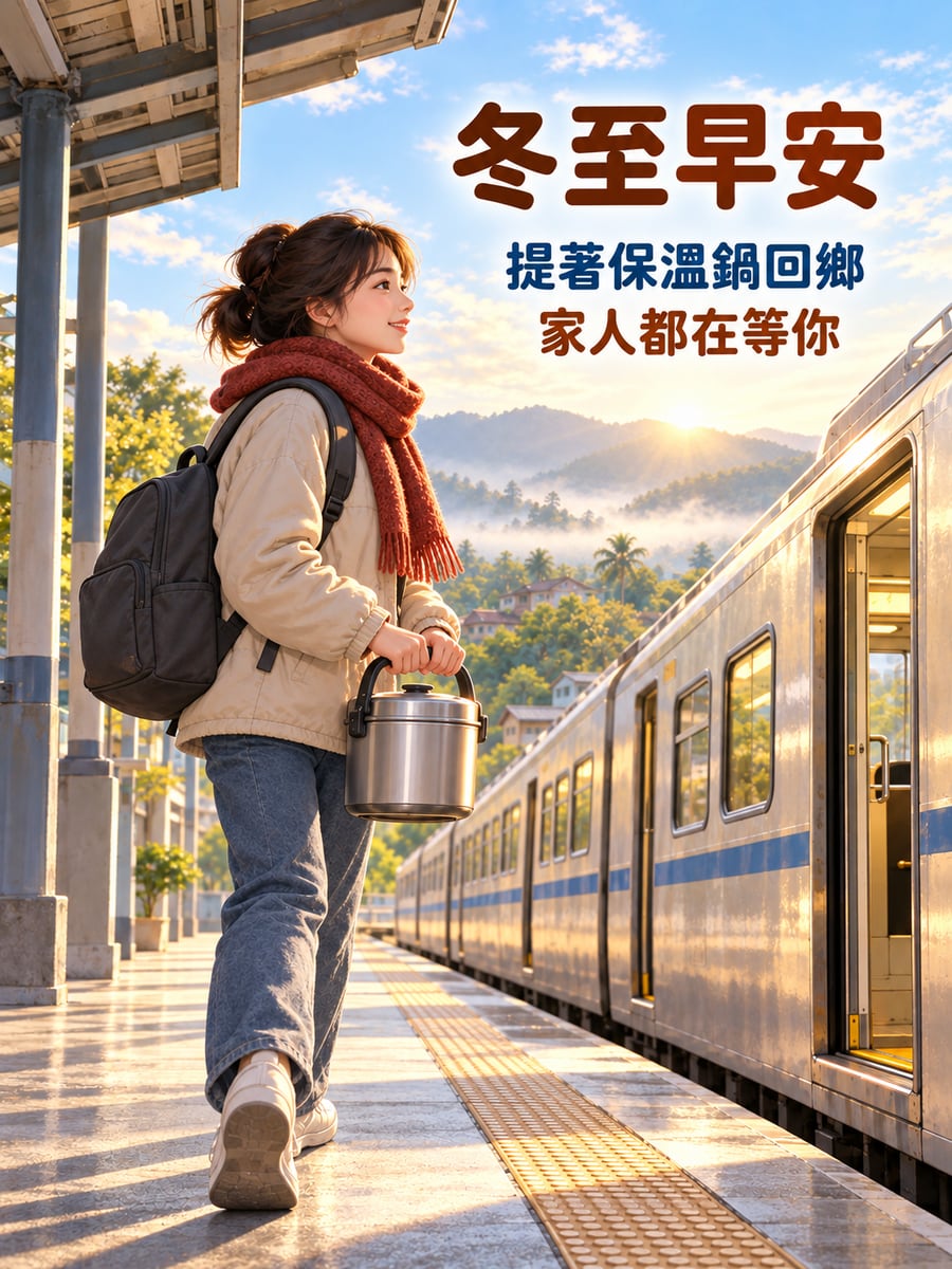 帶一鍋回家。圖中文字：冬至早安，提著保溫鍋回鄉，家人都在等你