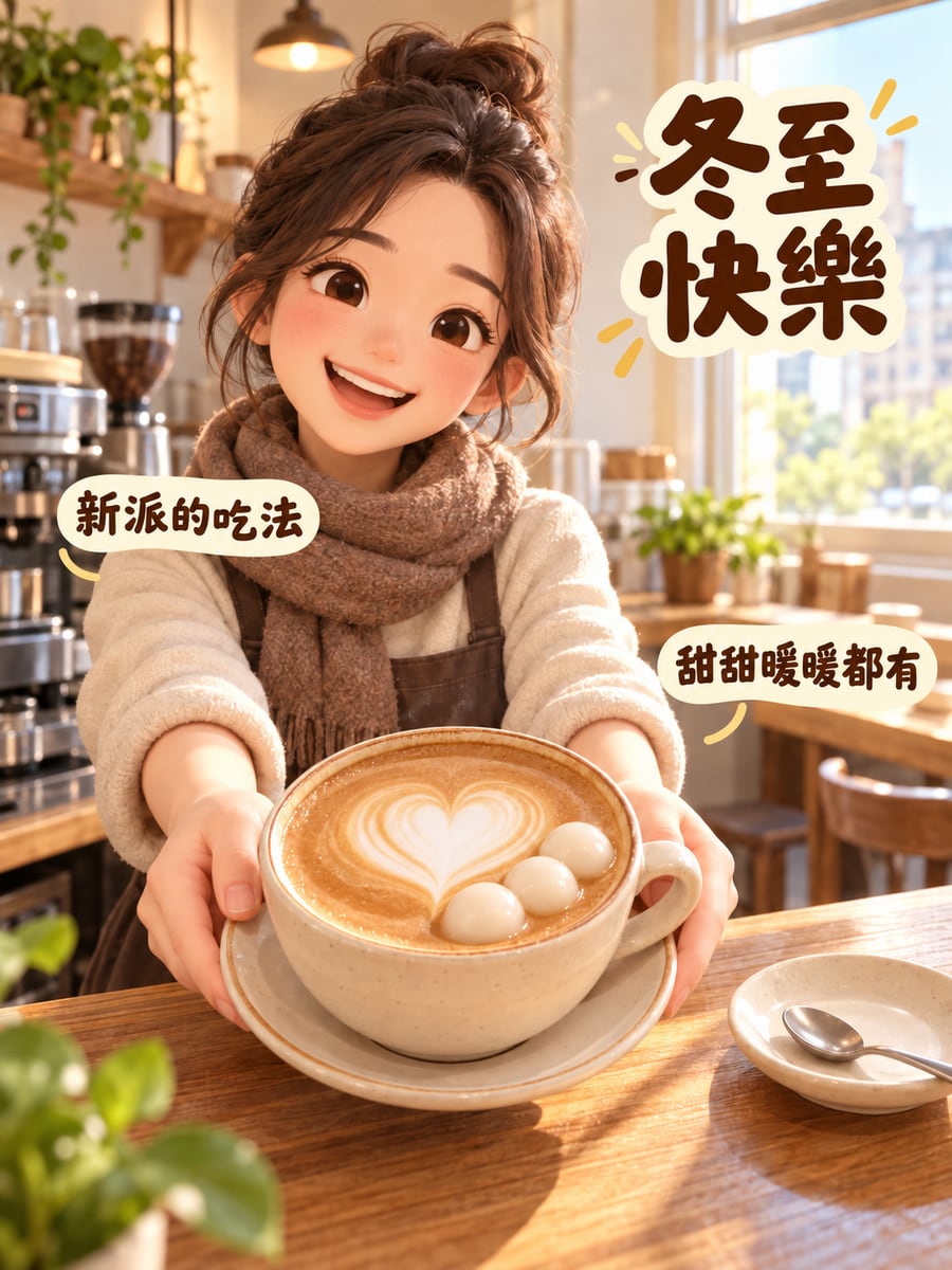 湯圓拿鐵。圖中文字：冬至快樂，新派的吃法，甜甜暖暖都有