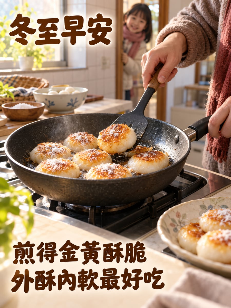 煎湯圓。圖中文字：冬至早安，煎得金黃酥脆，外酥內軟最好吃