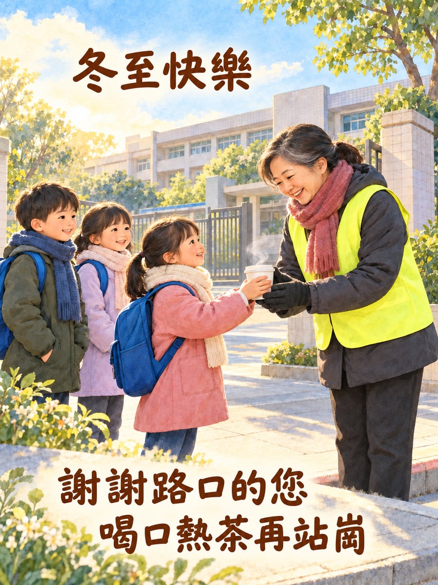 路口的暖心。圖中文字：冬至快樂，謝謝路口的您，喝口熱茶再站崗