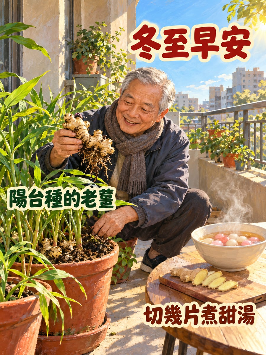 陽台種的老薑。圖中文字：冬至早安，陽台種的老薑，切幾片煮甜湯