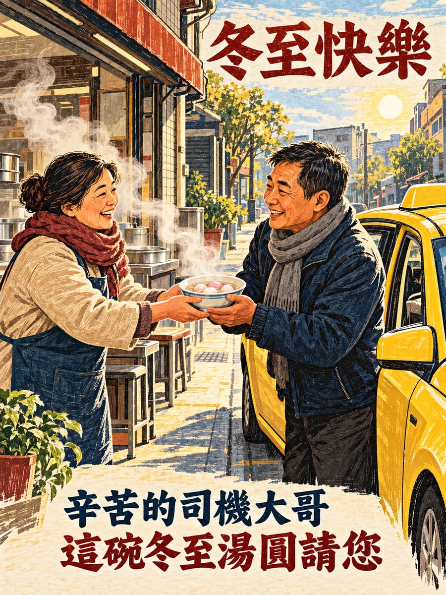 請計程車司機吃湯圓。圖中文字：冬至快樂，辛苦的司機大哥，這碗冬至湯圓請您