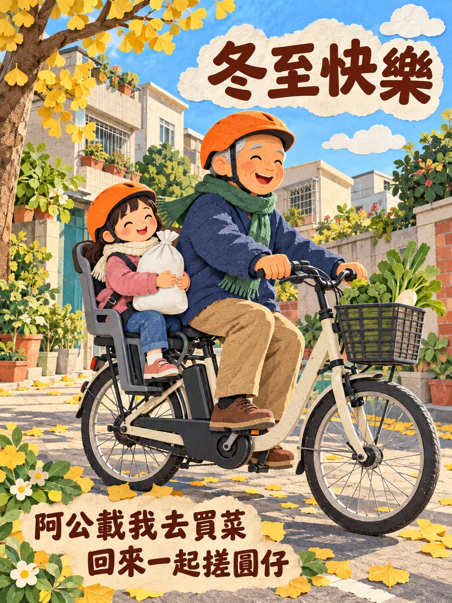 阿公載孫女買料。圖中文字：冬至快樂，阿公載我去買菜，回來一起搓圓仔