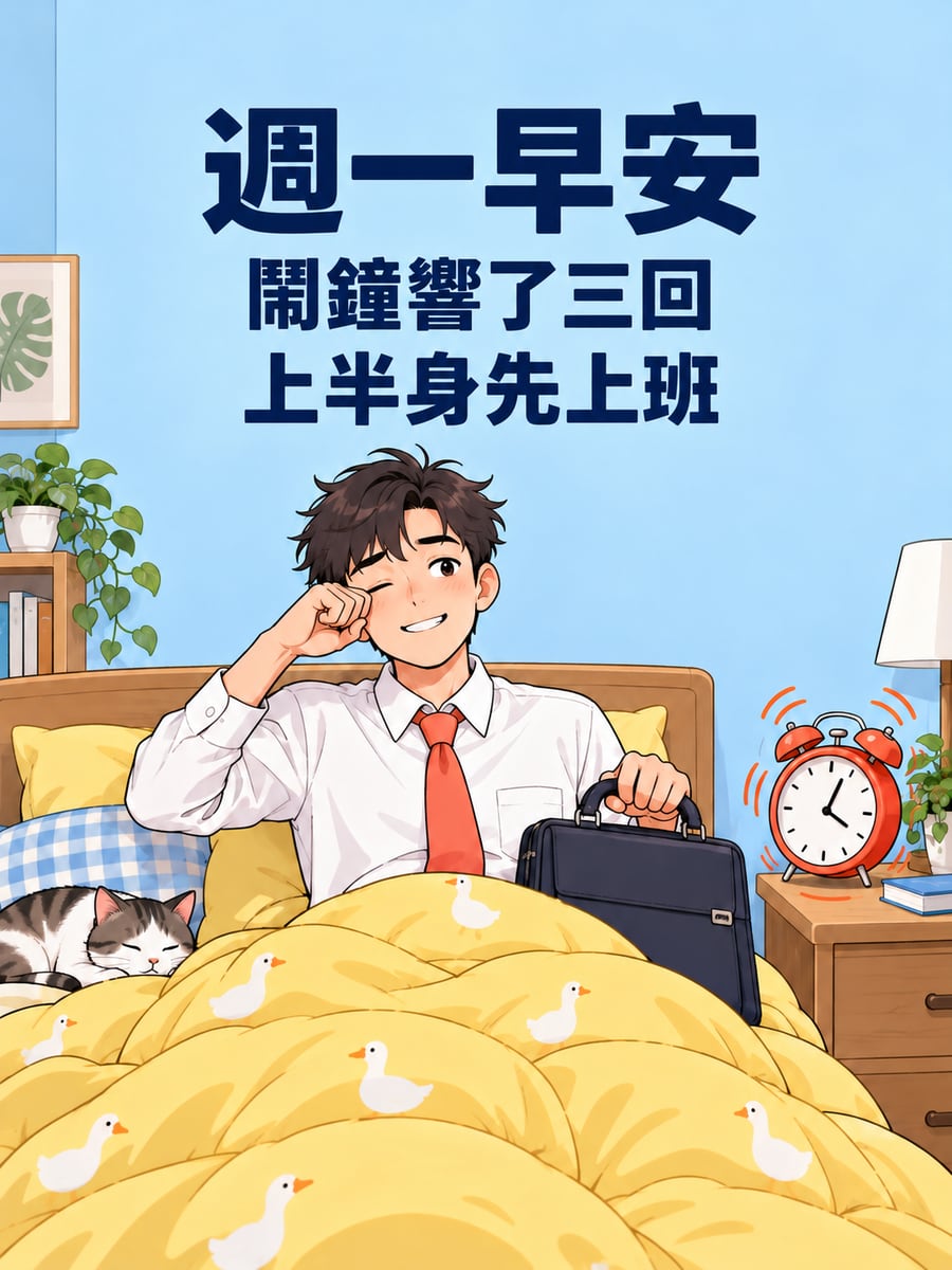 上半身先上班。圖中文字：週一早安，鬧鐘響了三回，上半身先上班