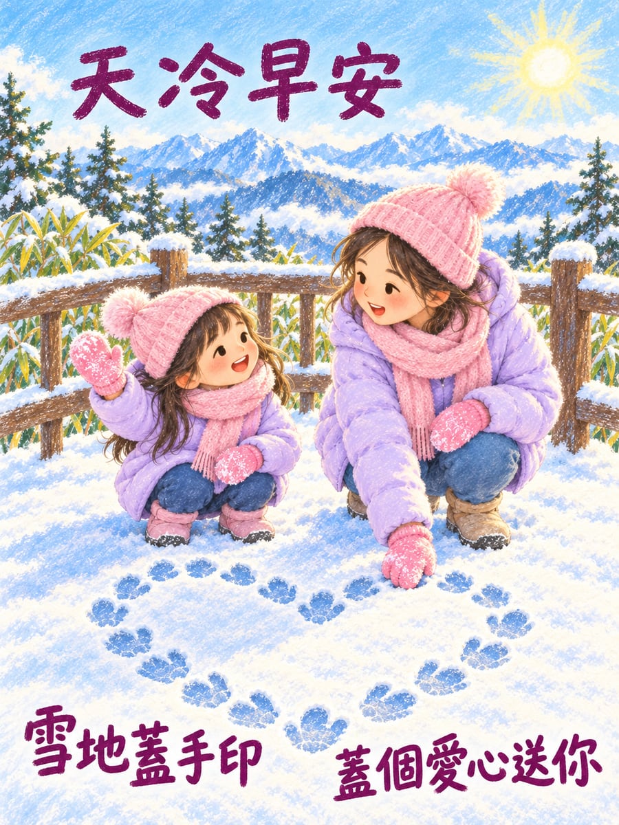 雪地上的手套印。圖中文字：天冷早安，雪地蓋手印，蓋個愛心送你