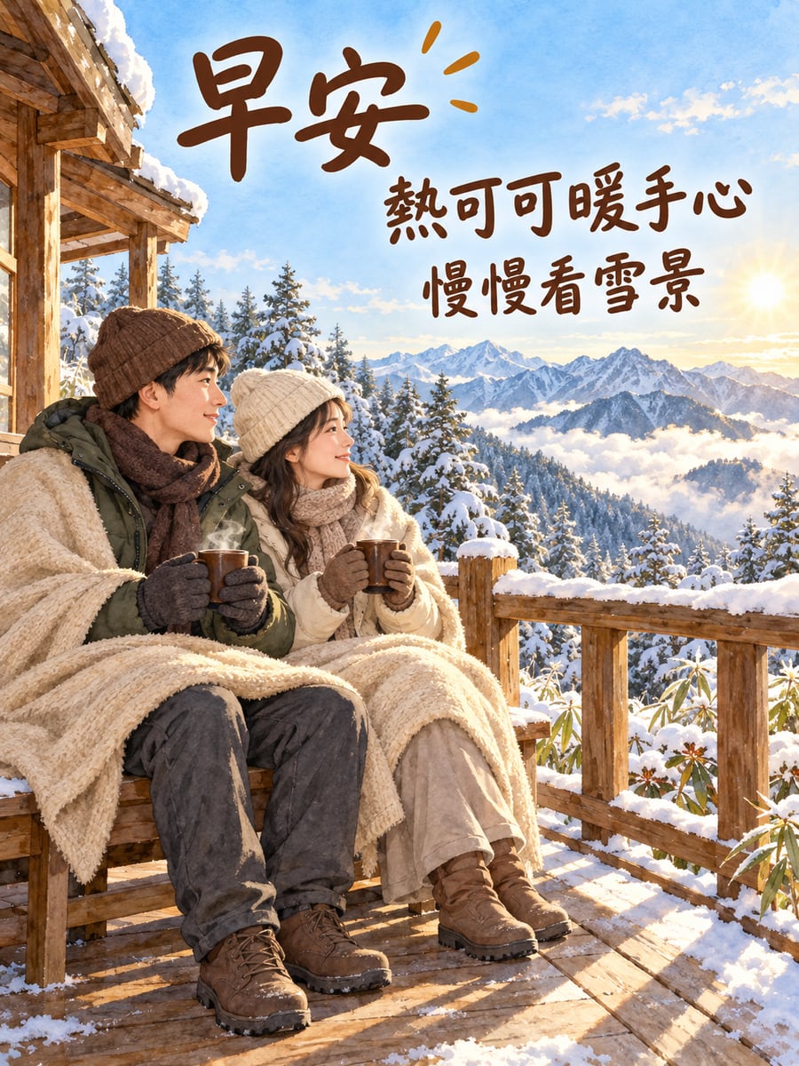 民宿露台的熱可可。圖中文字：早安，熱可可暖手心，慢慢看雪景