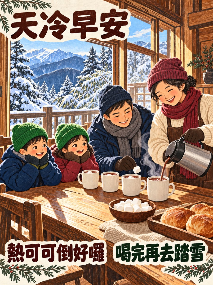 民宿老闆娘倒熱可可。圖中文字：天冷早安，熱可可倒好囉，喝完再去踏雪