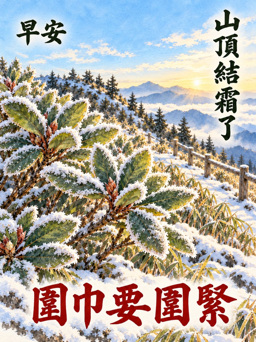 結霜的高山杜鵑。圖中文字：早安，山頂結霜了，圍巾要圍緊