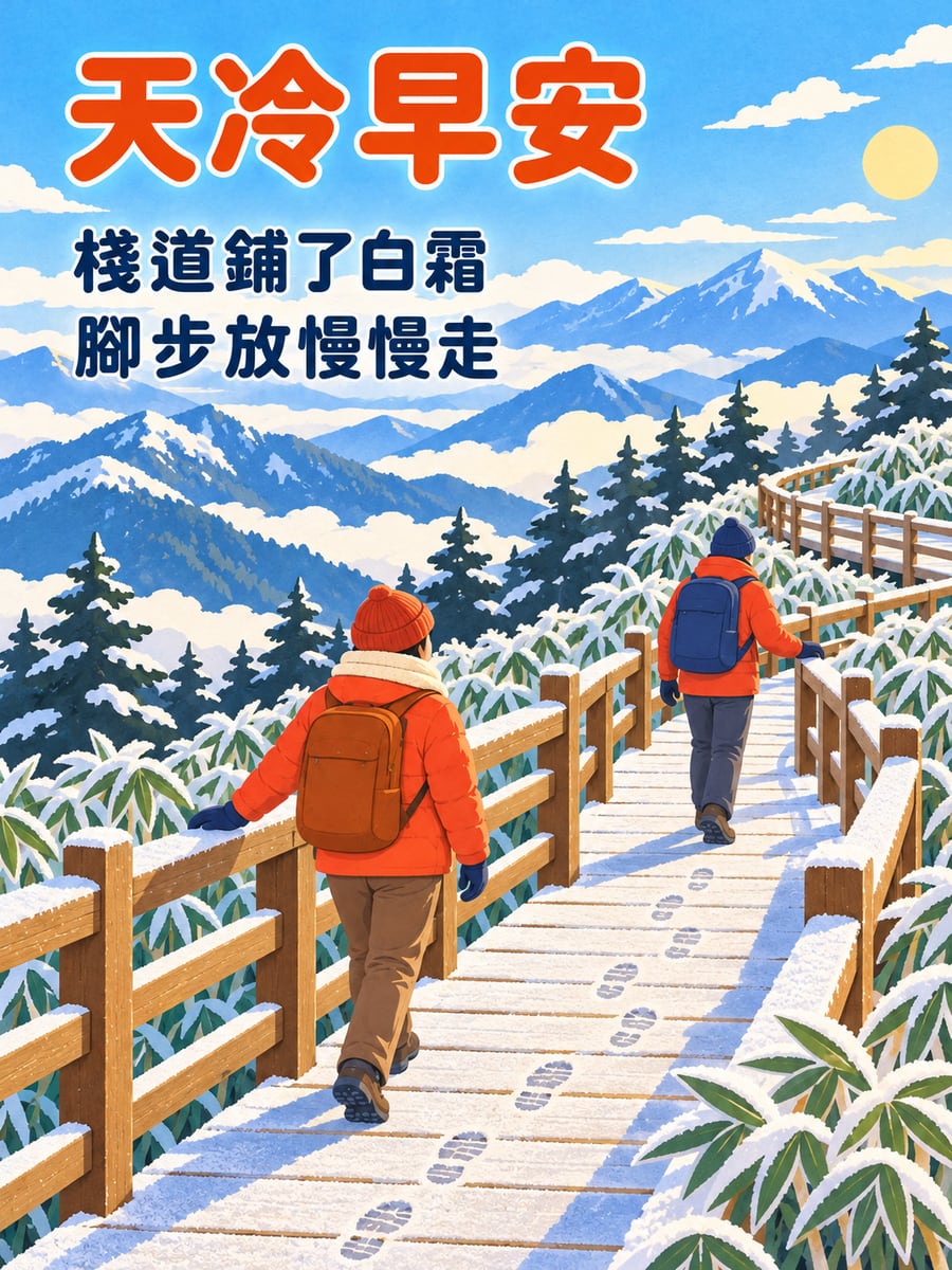 結霜的木棧道。圖中文字：天冷早安，棧道鋪了白霜，腳步放慢慢走