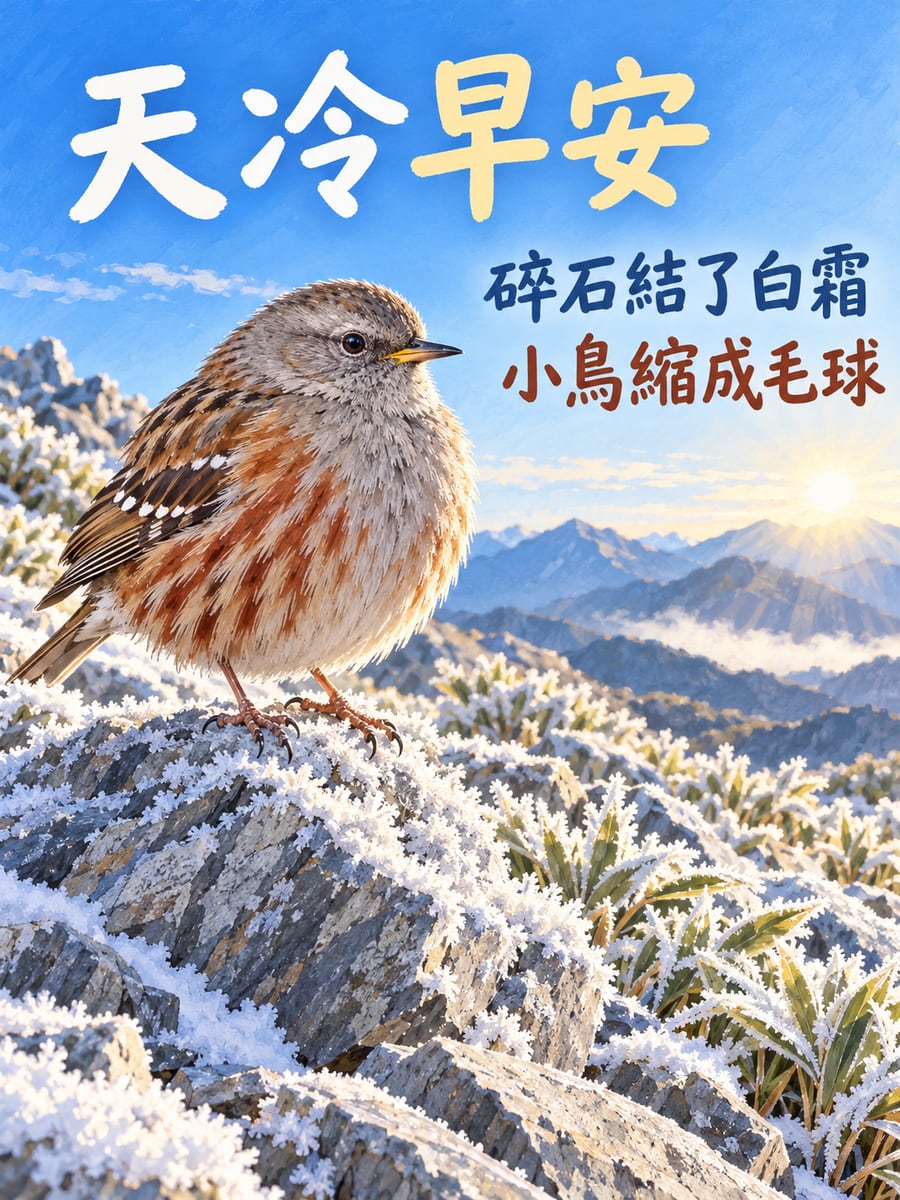 岩鷚縮在結霜的碎石間。圖中文字：天冷早安，碎石結了白霜，小鳥縮成毛球