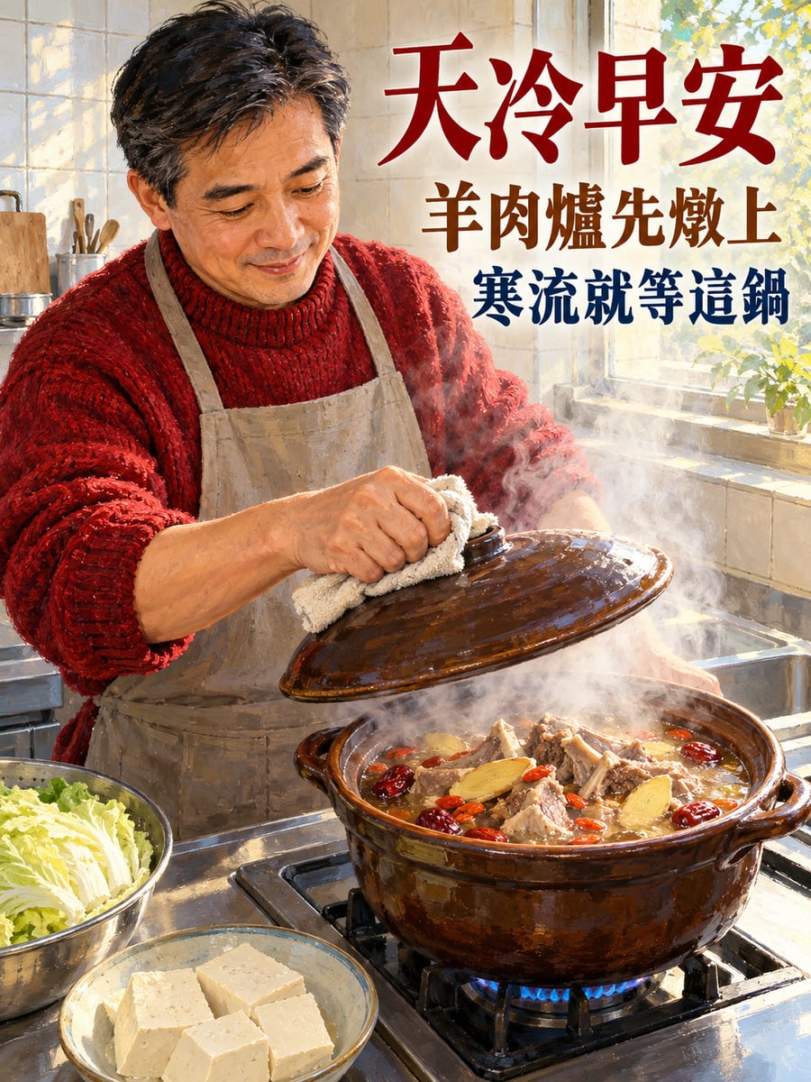 一早燉上的羊肉爐。圖中文字：天冷早安，羊肉爐先燉上，寒流就等這鍋