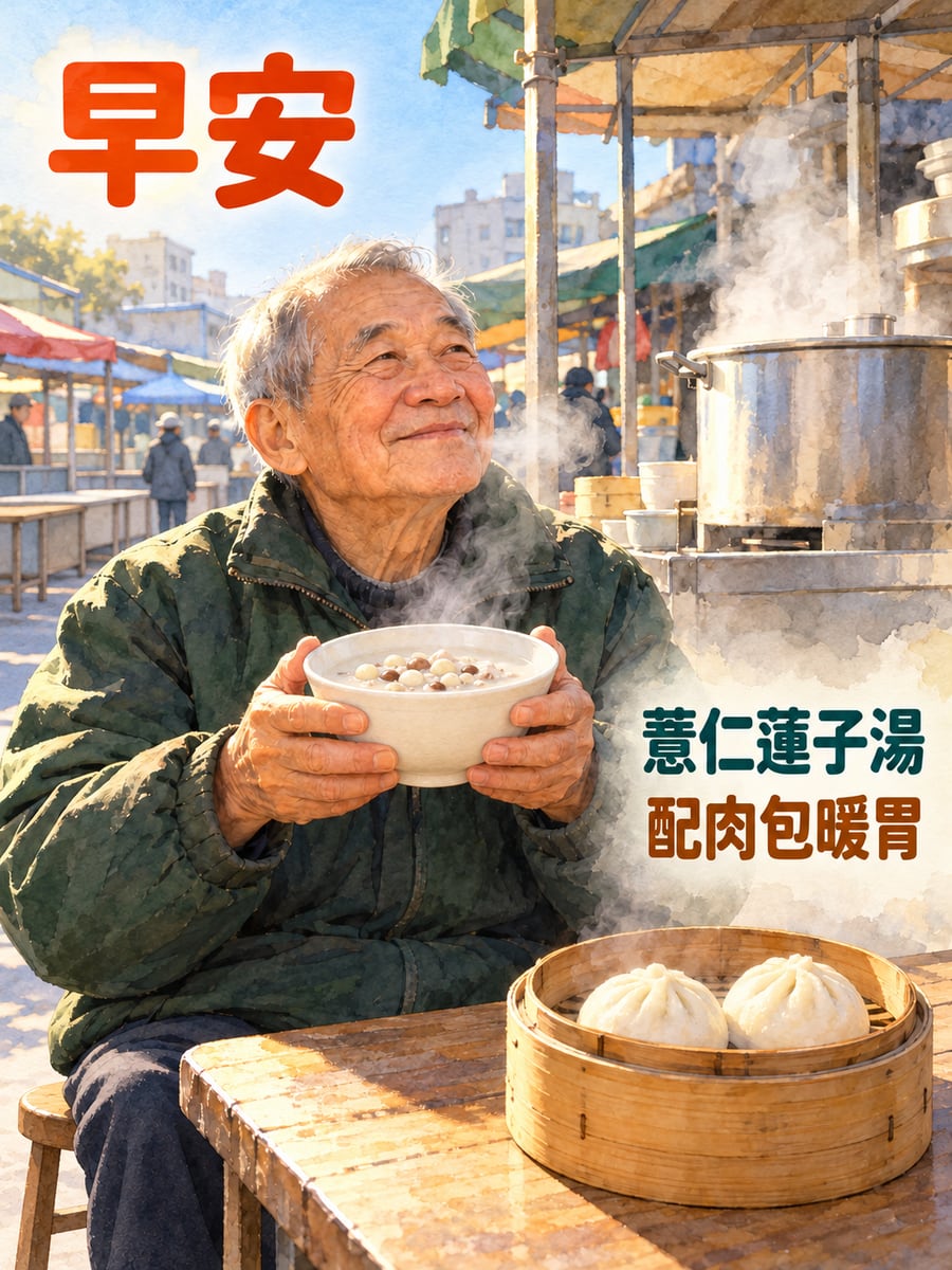 四神湯配小肉包。圖中文字：早安，薏仁蓮子湯，配肉包暖胃