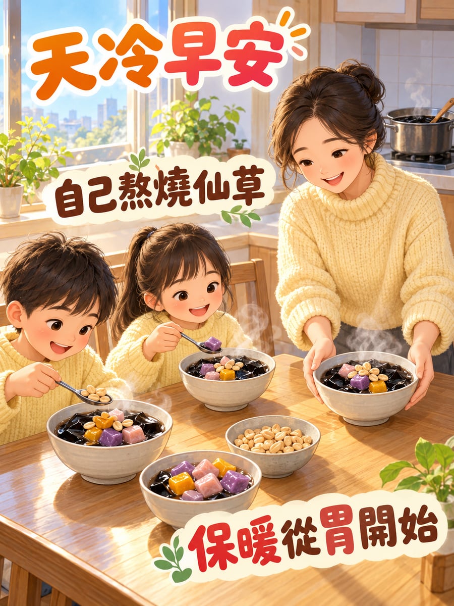 自己熬的燒仙草。圖中文字：天冷早安，自己熬燒仙草，保暖從胃開始
