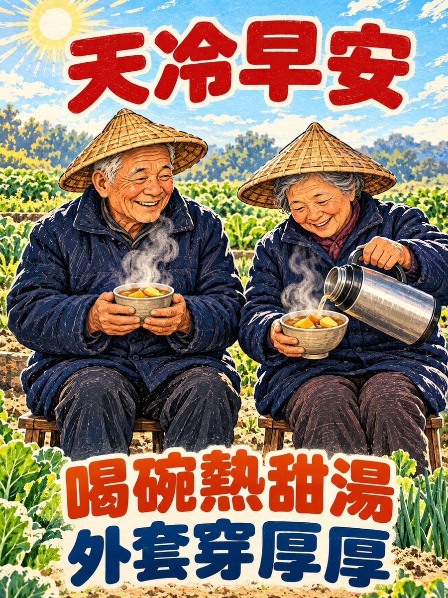 菜園裡的地瓜甜湯。圖中文字：天冷早安，喝碗熱甜湯，外套穿厚厚