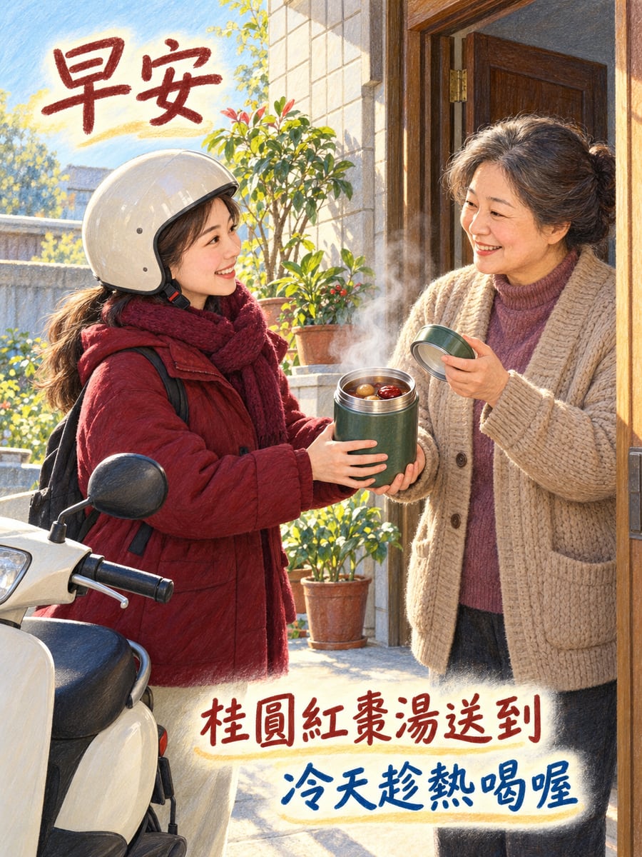 女兒送來的桂圓湯。圖中文字：早安，桂圓紅棗湯送到，冷天趁熱喝喔