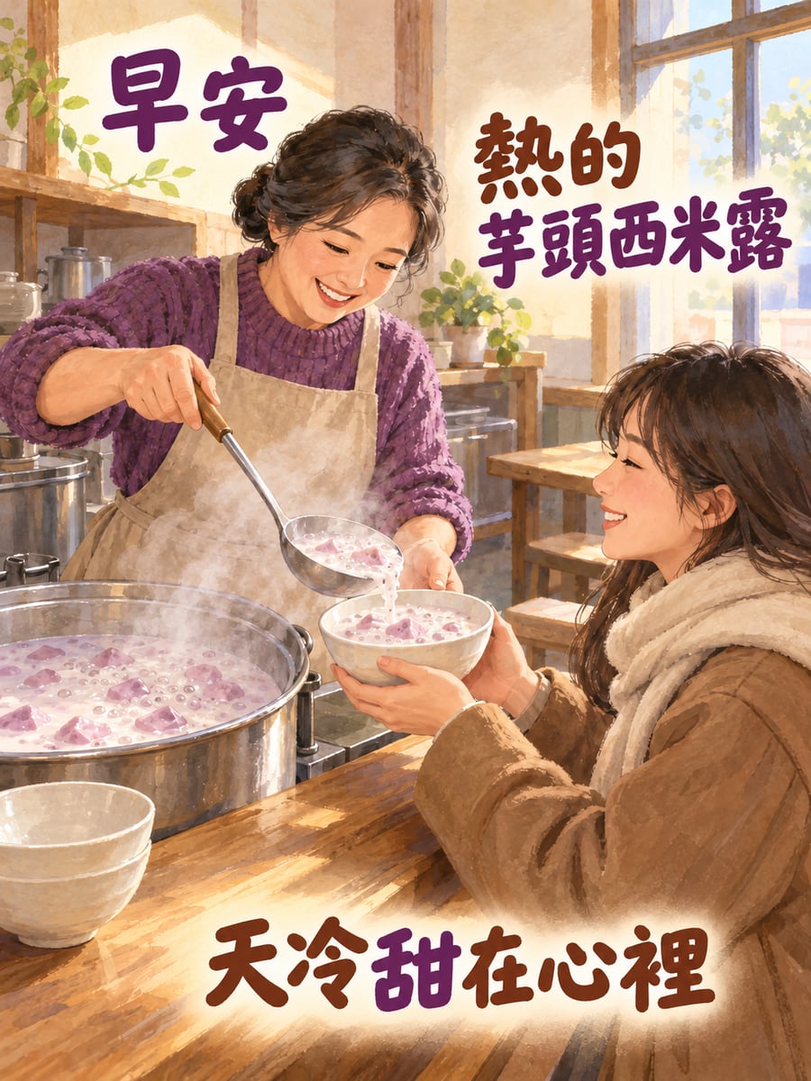 熱的芋頭西米露。圖中文字：早安，熱的芋頭西米露，天冷甜在心裡