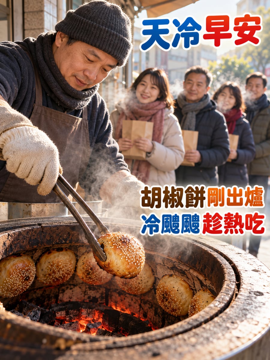炭烤胡椒餅出爐。圖中文字：天冷早安，胡椒餅剛出爐，冷颼颼趁熱吃